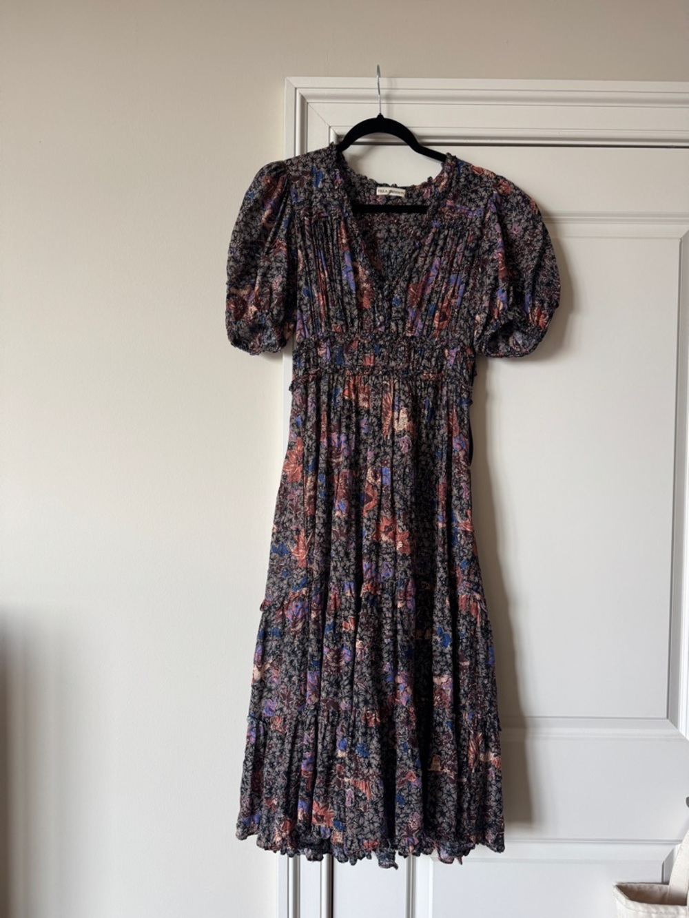 Ulla Johnson Floral Puff-Sleeve Midi Dress in Black with Pink & Blue Accents